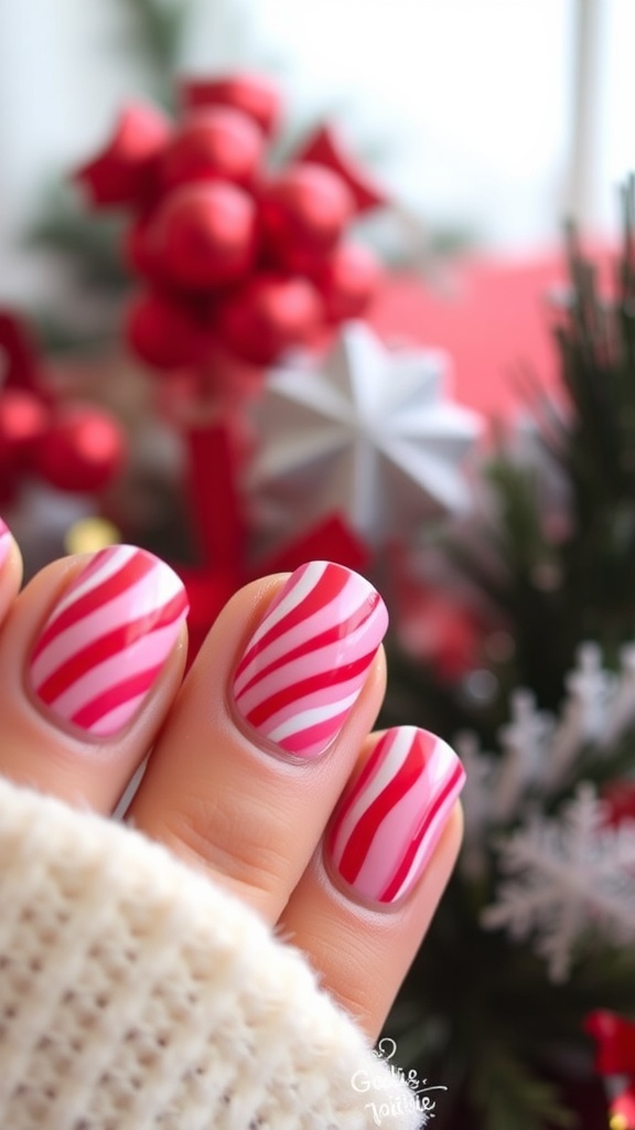 Close-up of pink candy cane Christmas nails with red and white stripes.